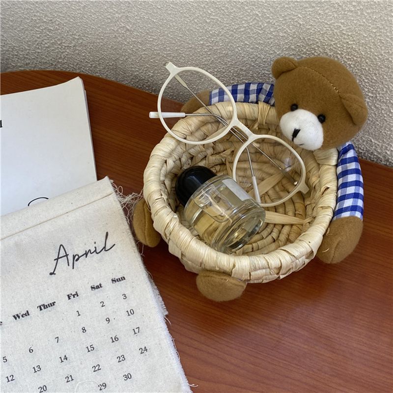 Cute Cartoon Bear Storage Basket Straw Storage Basket for Desktop Office Bedroom M — image 1