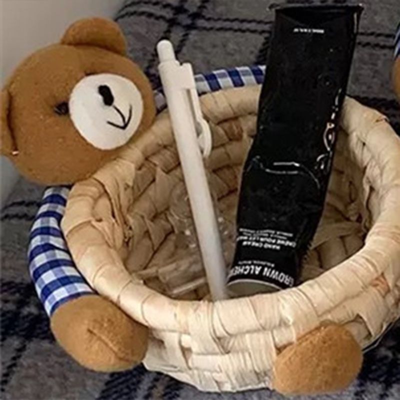 Cute Cartoon Bear Storage Basket Straw Storage Basket for Desktop Office Bedroom M view 2