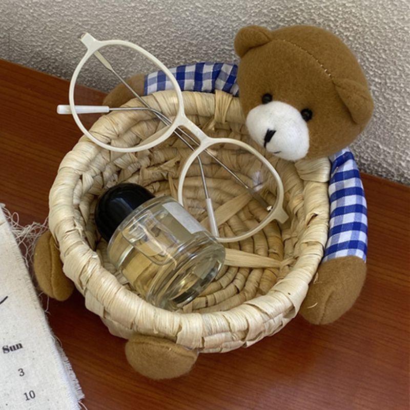 Cute Cartoon Bear Storage Basket Straw Storage Basket for Desktop Office Bedroom M view 7