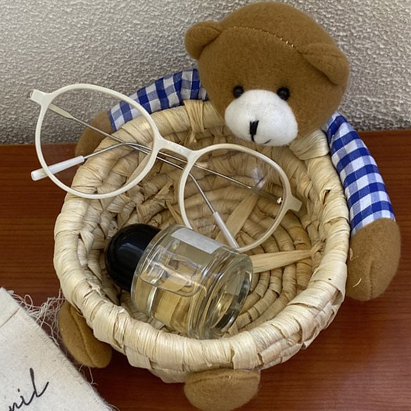 Cute Cartoon Bear Storage Basket Straw Storage Basket for Desktop Office Bedroom M view 8