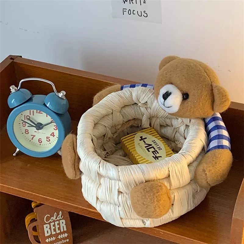 Cute Cartoon Bear Storage Basket Straw Storage Basket for Desktop Office Bedroom L — image 1