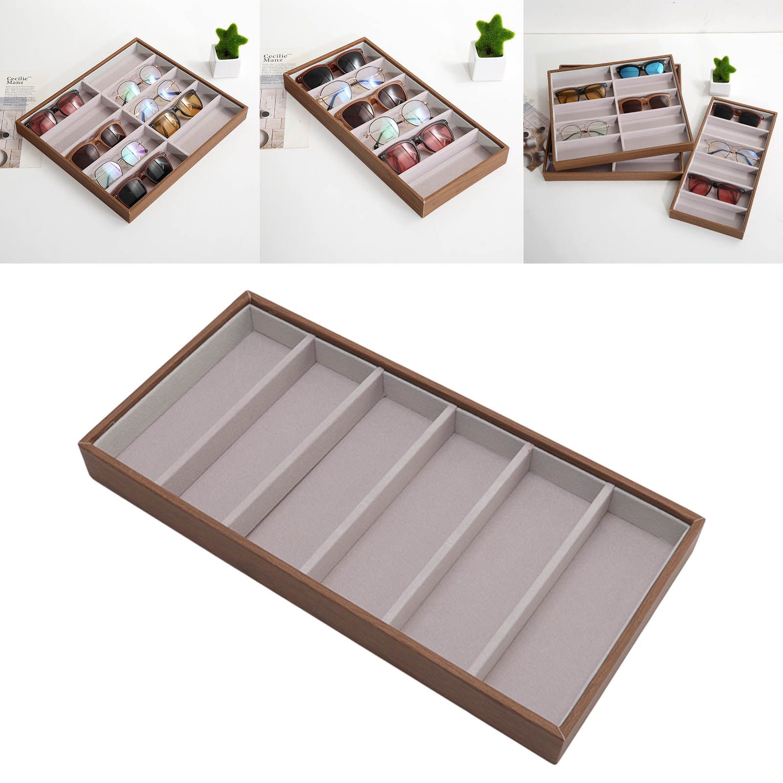 Eyeglass Display Organizer Wood Grain 6 Compartments Glasses Display Tray view 12