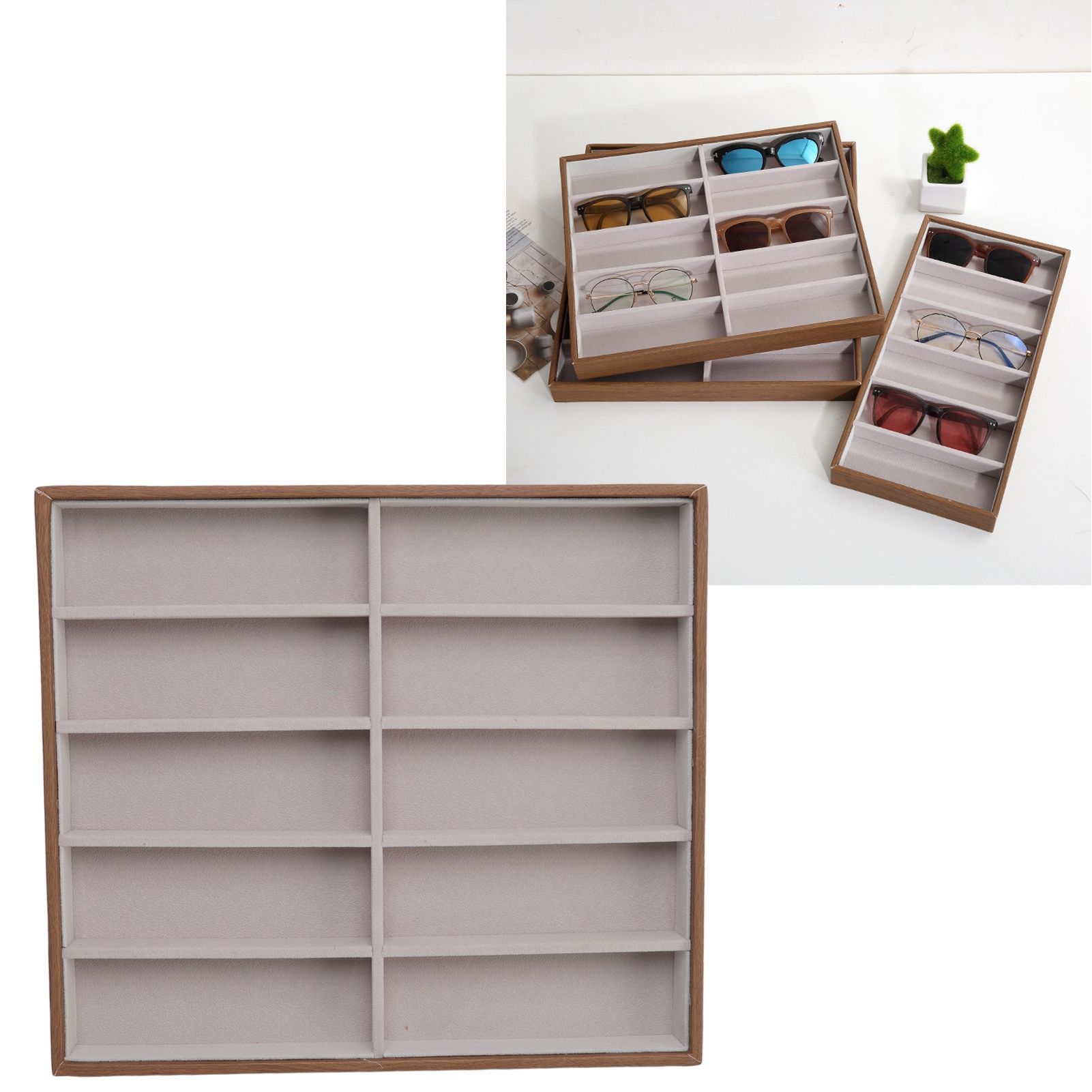 Sunglasses Display Tray PU Wood Grain Sunglasses Storage Case for Home Glasses view 9