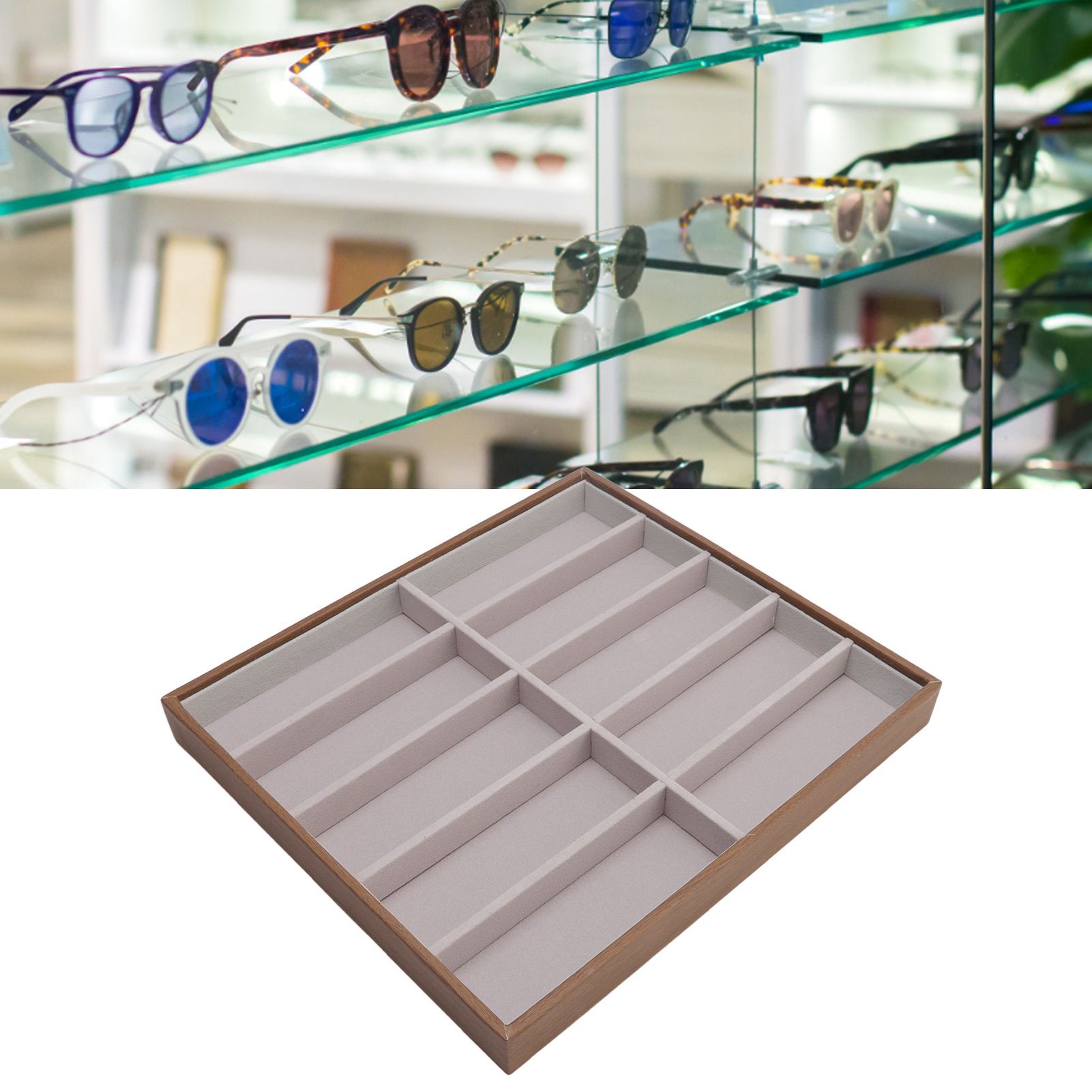 Sunglasses Display Tray PU Wood Grain Sunglasses Storage Case for Home Glasses view 11