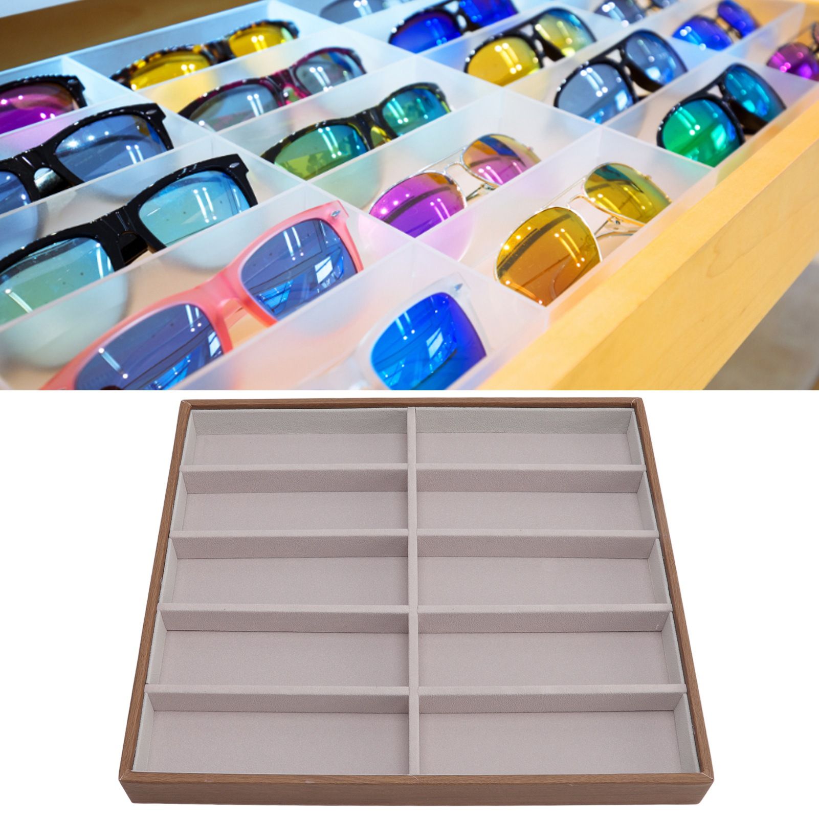 Sunglasses Display Tray PU Wood Grain Sunglasses Storage Case for Home Glasses view 12