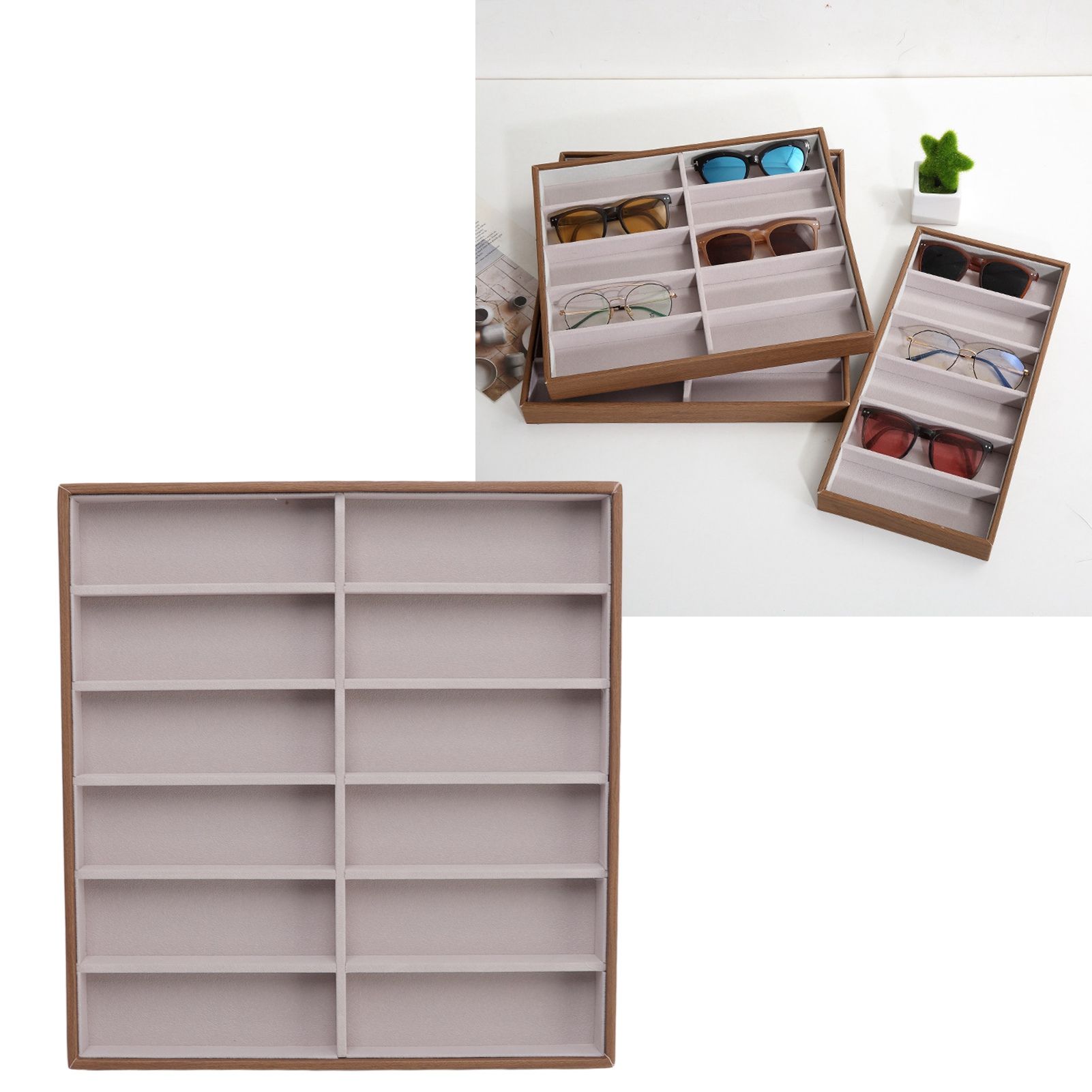 Sunglasses Display Tray PU Wood Grain Sunglasses Storage Case for Home Glasses view 9