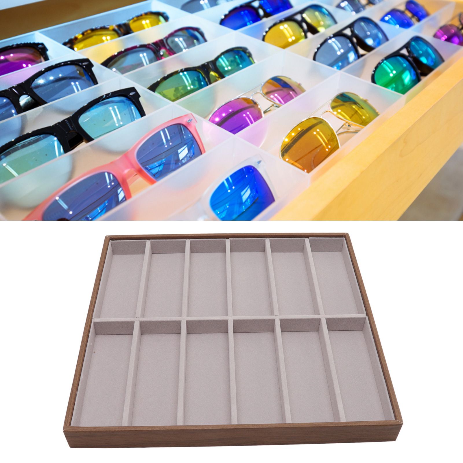 Sunglasses Display Tray PU Wood Grain Sunglasses Storage Case for Home Glasses view 12