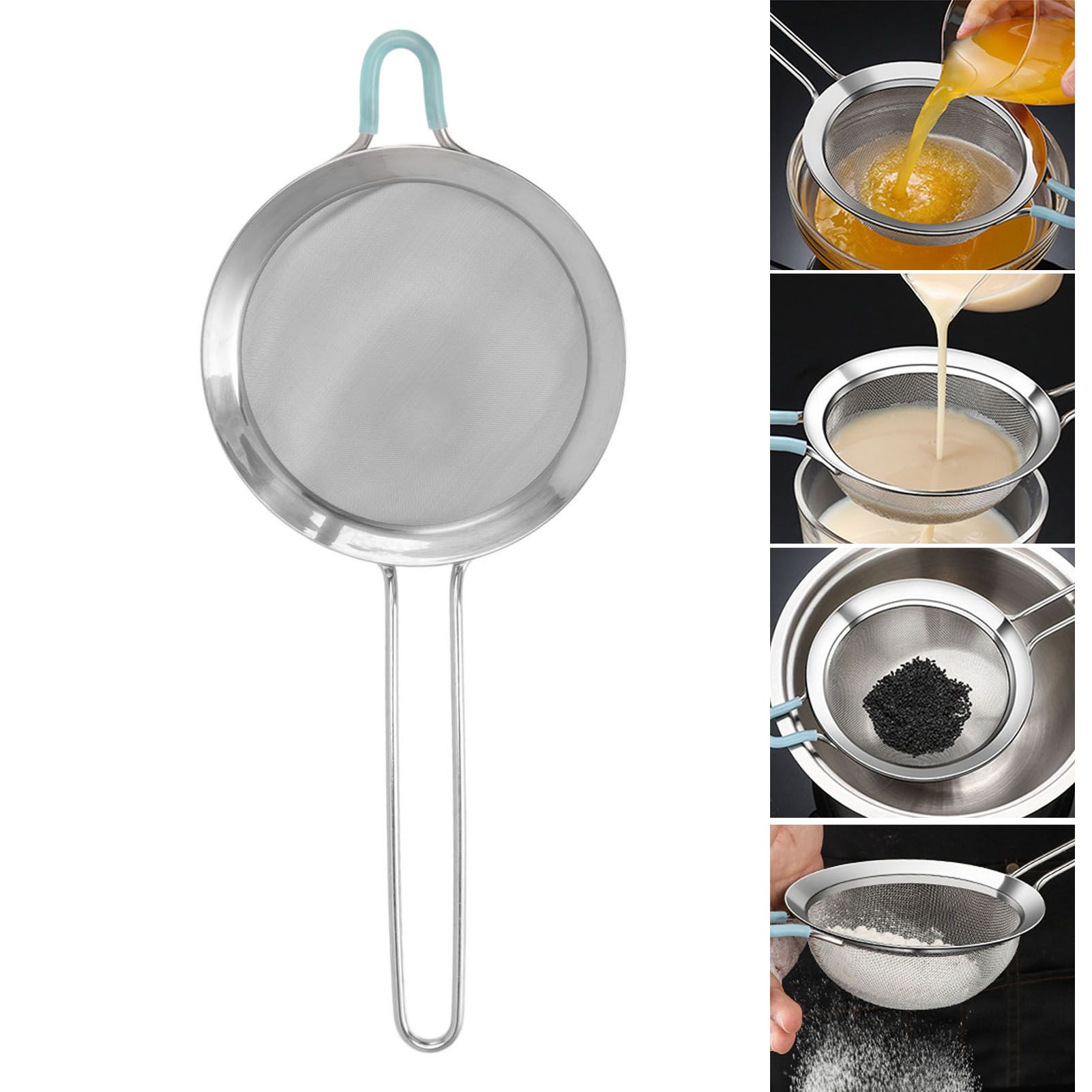 60 Mesh Fine Strainer Stainless Steel Handheld Flour Colander with Long Handle view 12