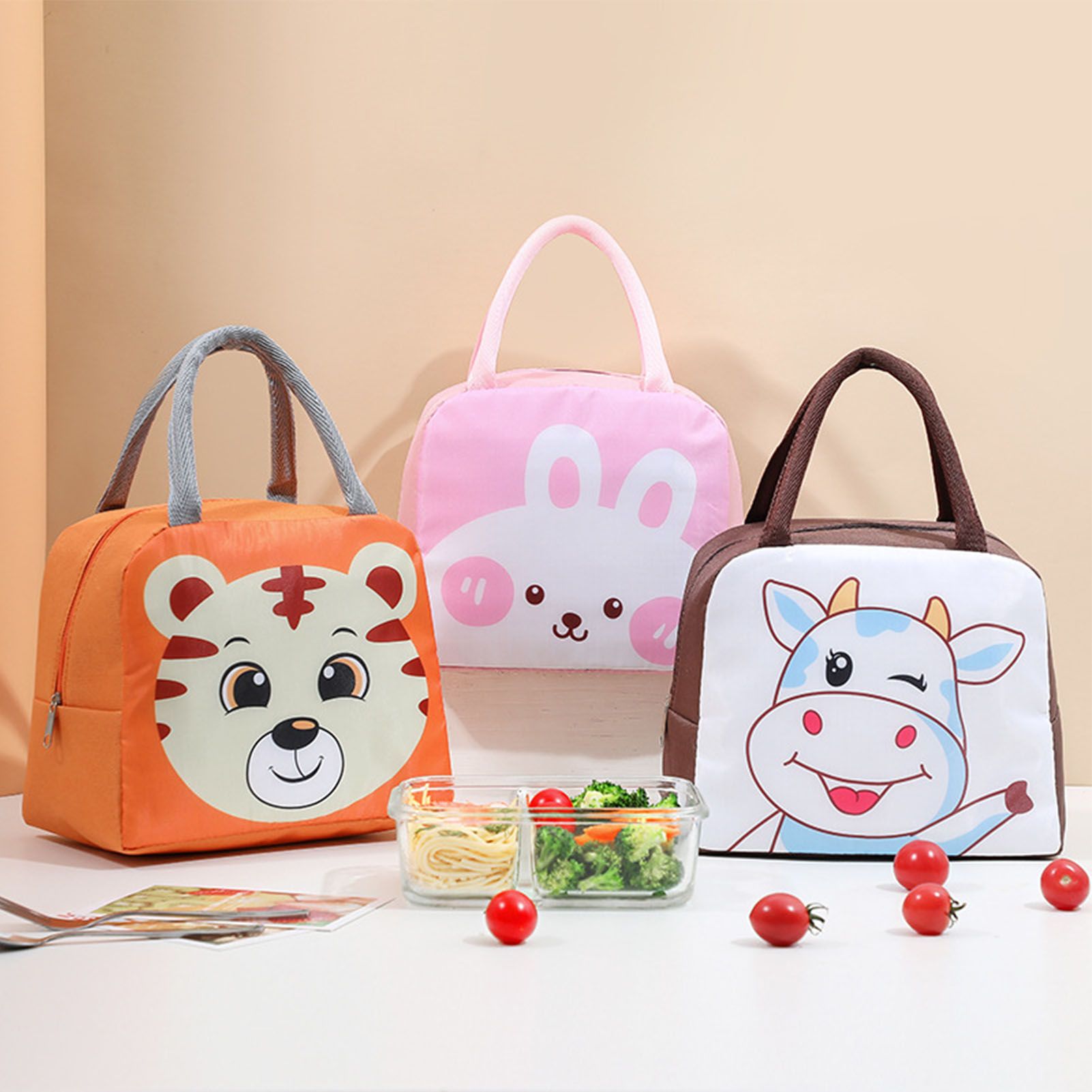 Lunch Bag Cute Cartoon Animal Pattern Waterproof Large Capacity Portable view 2