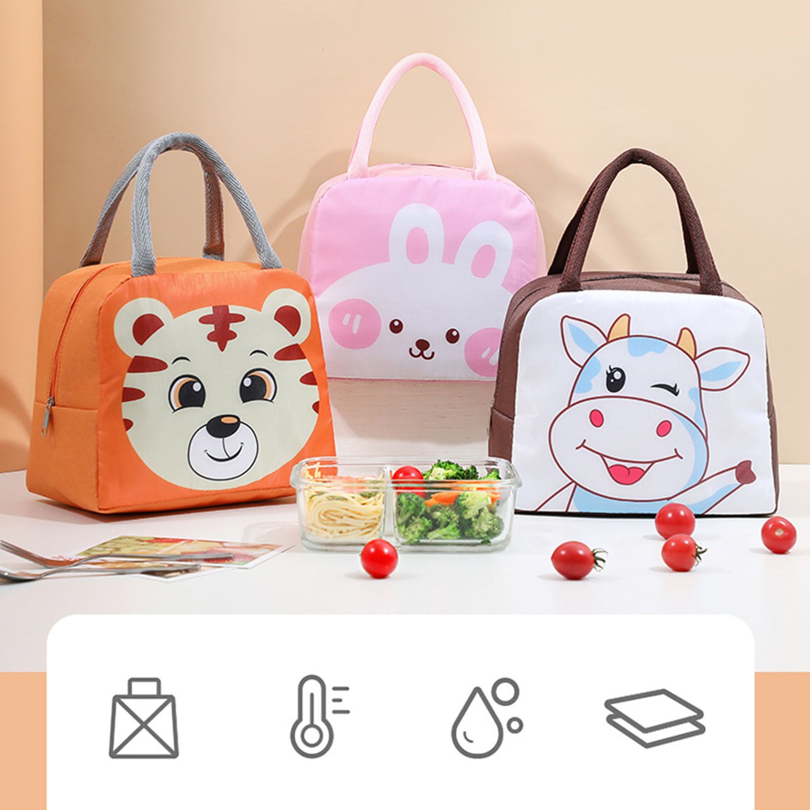 Lunch Bag Cute Cartoon Animal Pattern Waterproof Large Capacity Portable view 10