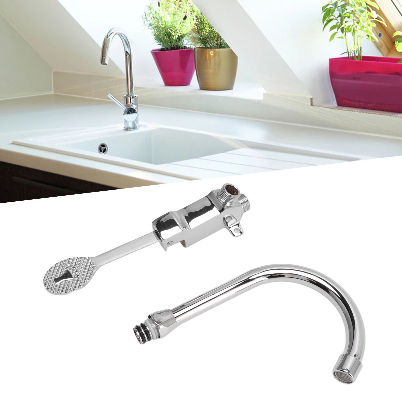 Foot Pedal Faucet Set Stainless Steel Hands Free Silver Touchless Floor Mount view 11