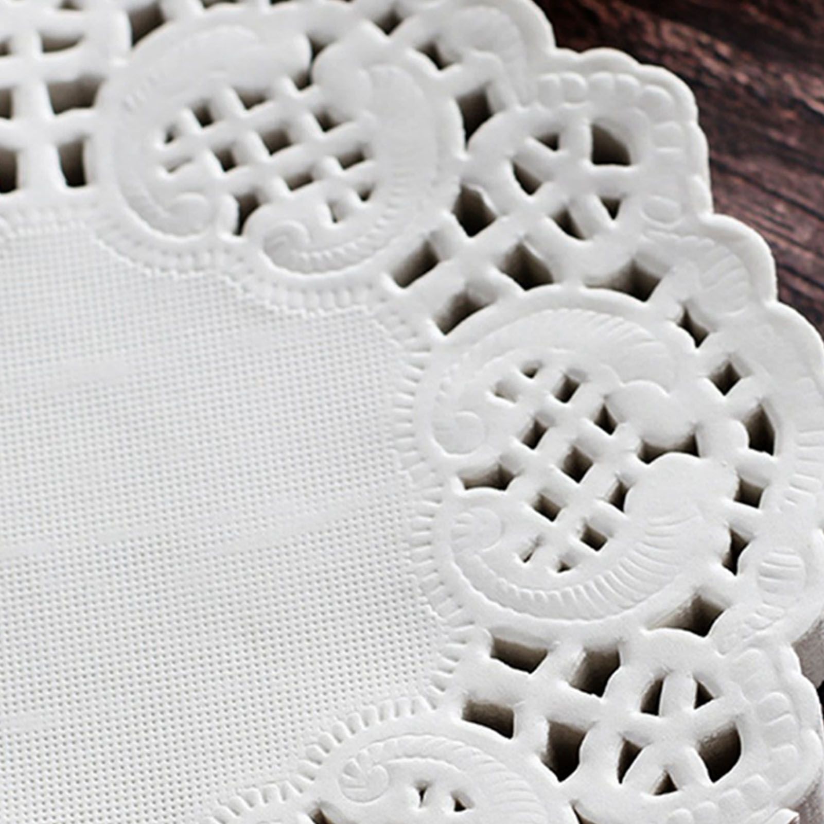 150pcs White Lace Round Paper Doilies Disposable Hollow Flower Oil Absorbing view 2