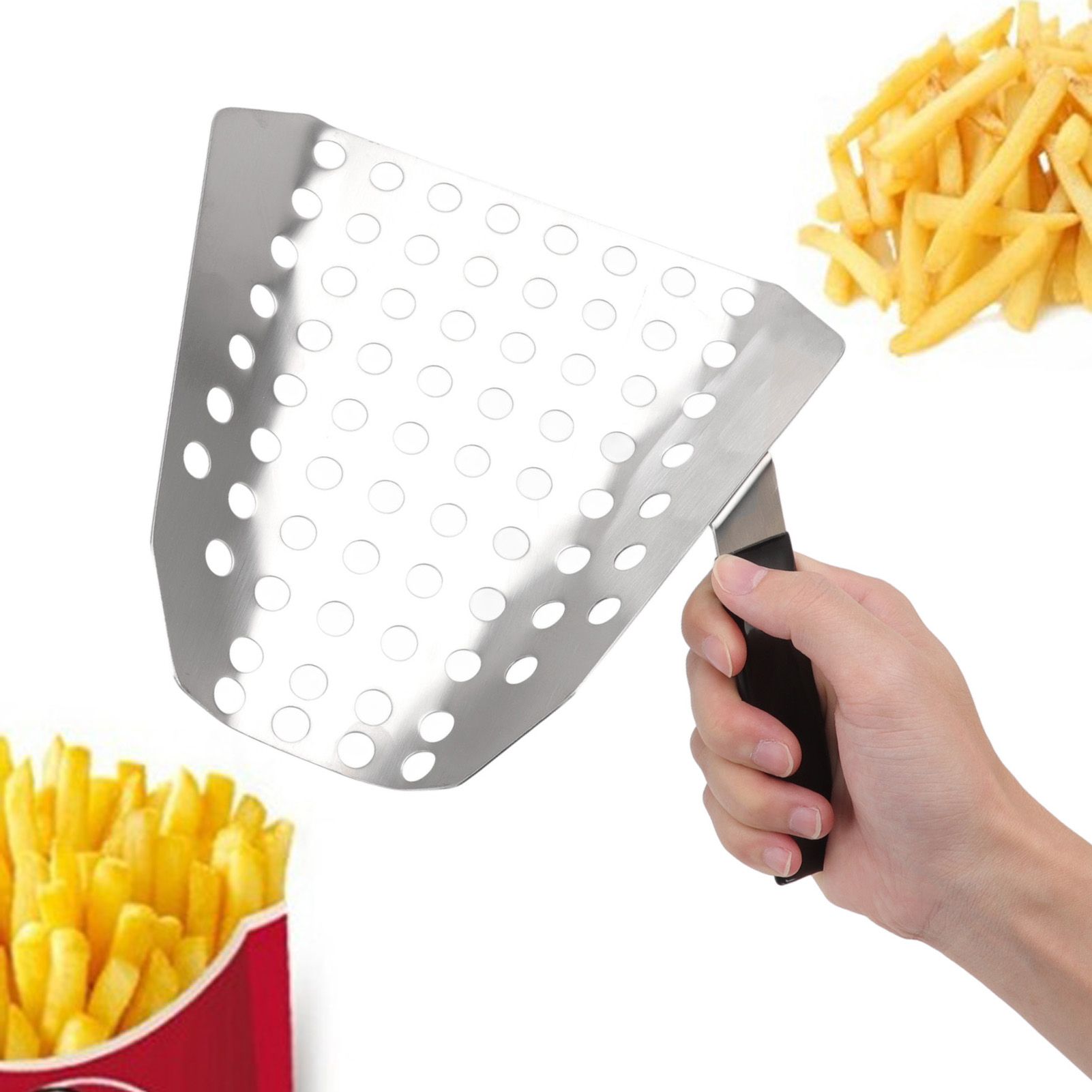 Popcorn Scoop Ergonomic Single Handle Stainless Steel Fries Scooper with Holes view 11