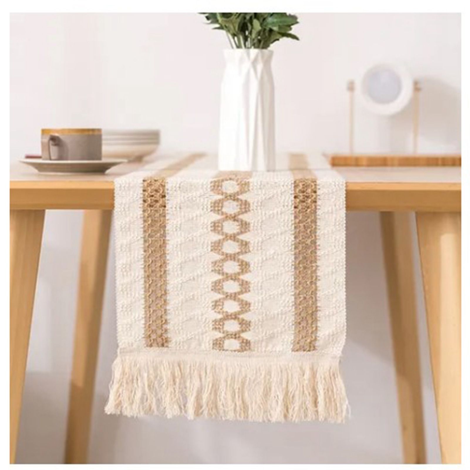 Table Runner Cotton Linen Splicing Wedding Party Table Runner with Tassels