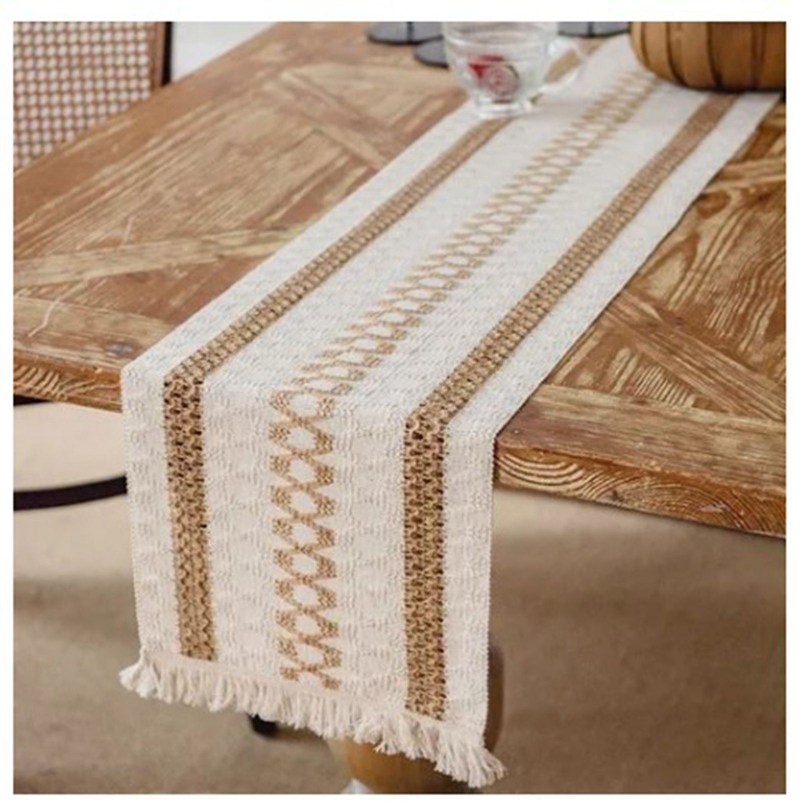 Table Runner Cotton Linen Splicing Wedding Party Table Runner with Tassels view 2