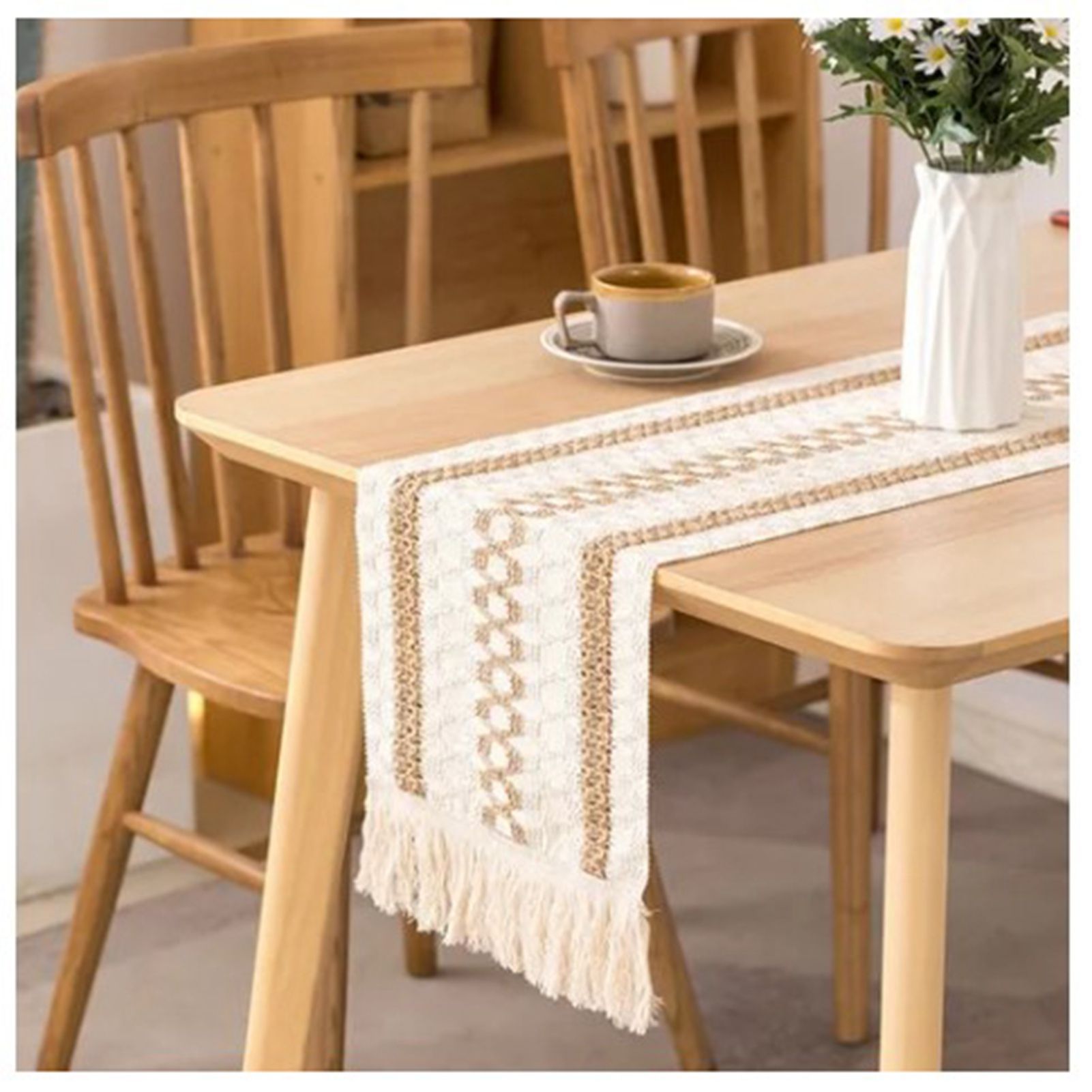 Table Runner Cotton Linen Splicing Wedding Party Table Runner with Tassels view 3