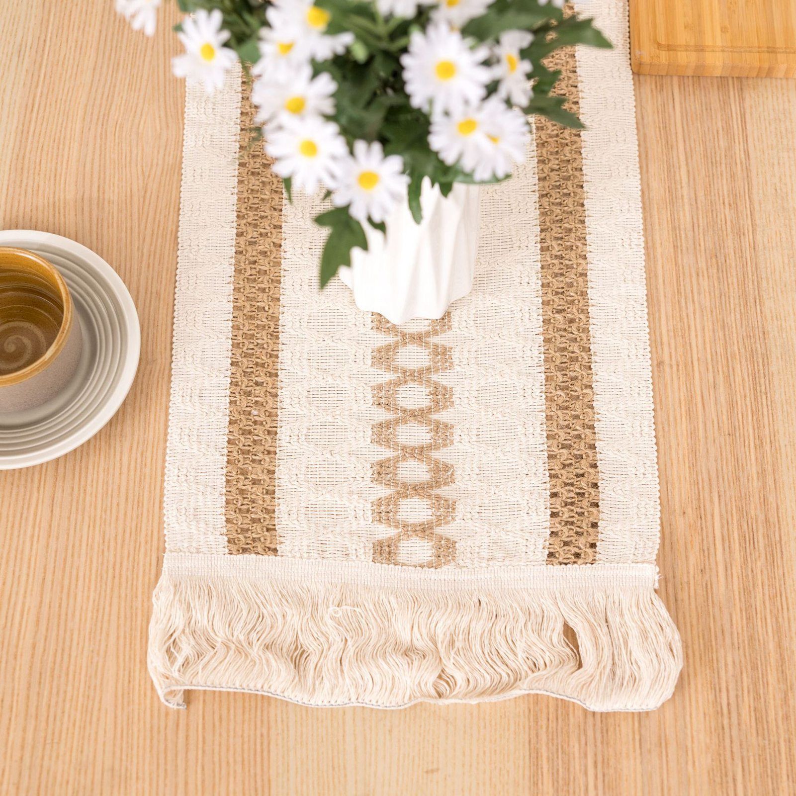 Table Runner Cotton Linen Splicing Wedding Party Table Runner with Tassels view 4