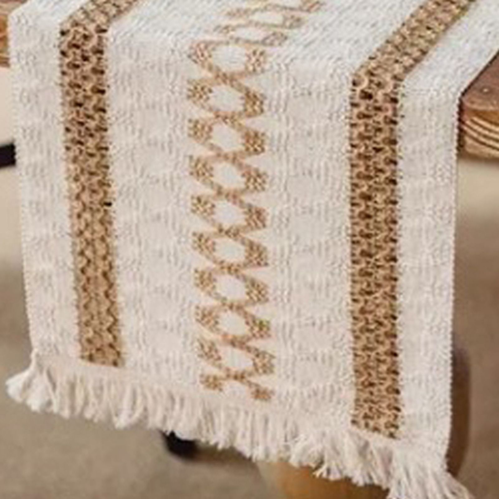 Table Runner Cotton Linen Splicing Wedding Party Table Runner with Tassels view 5