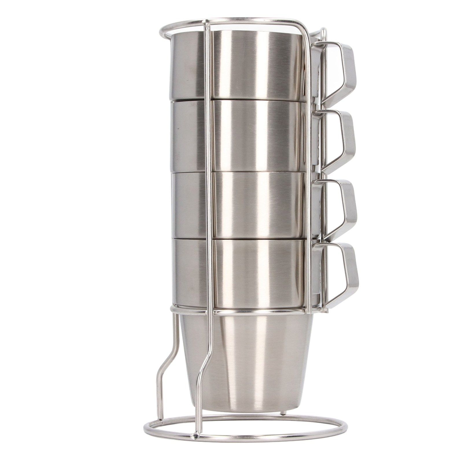 Stainless Steel Camping Cup Set of 4 Double Layer Coffee Mugs with Stand