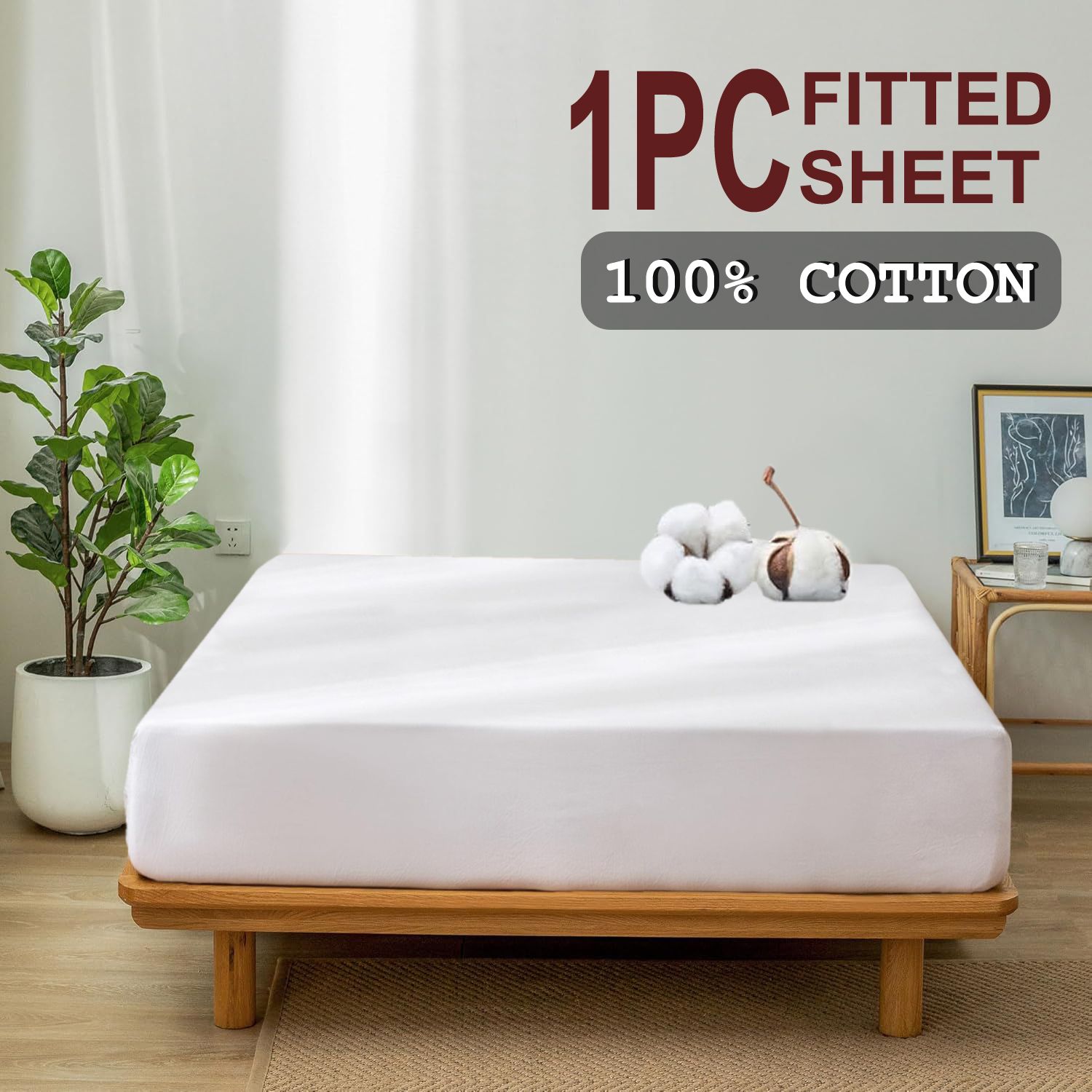 100% Cotton Fitted Sheet - Super Soft 40cm Deep Pocket Bottom Sheets - White view 2