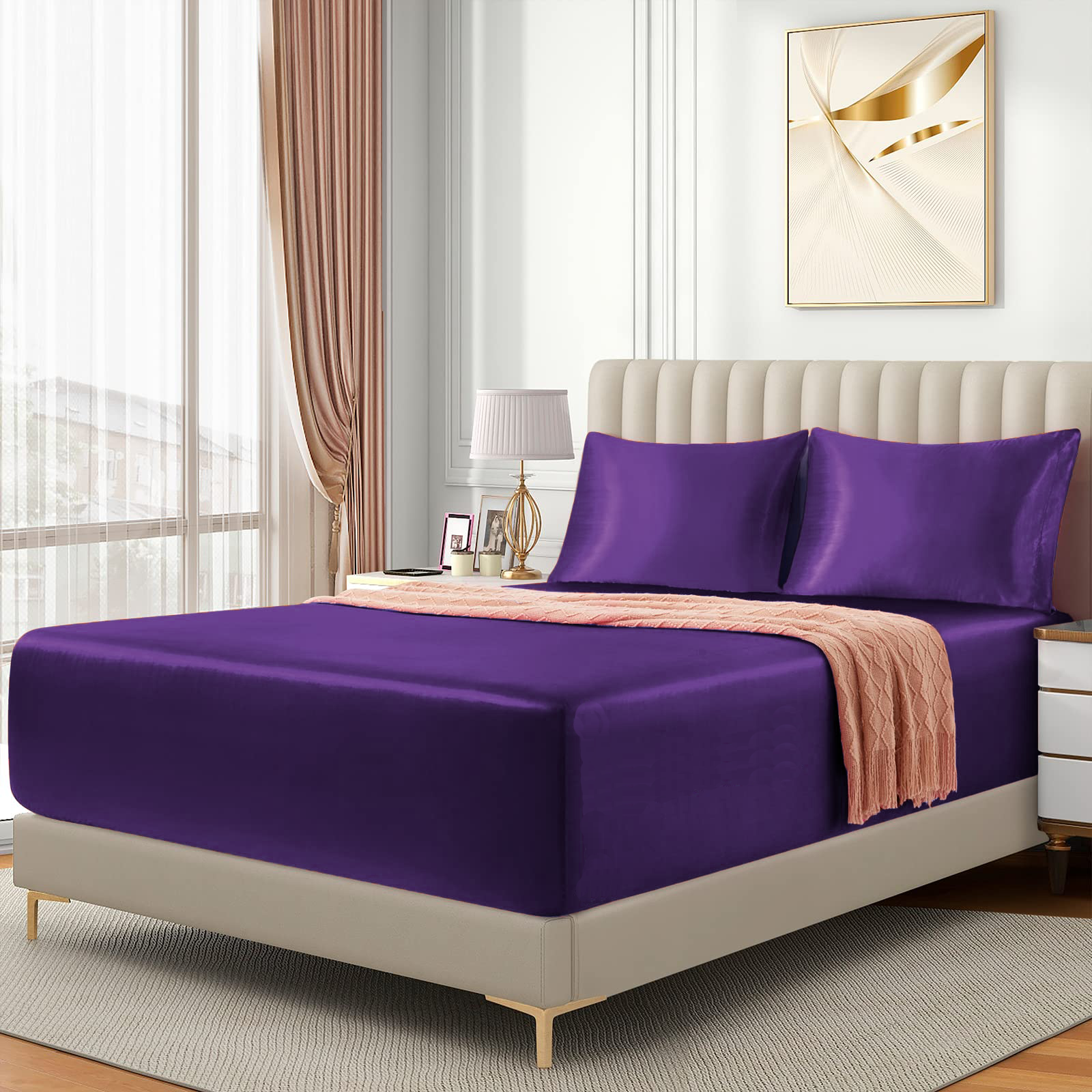 Satin Fitted Sheet Set Hotel 3 Pieces Fitted Sheet with Pillowcase view 2