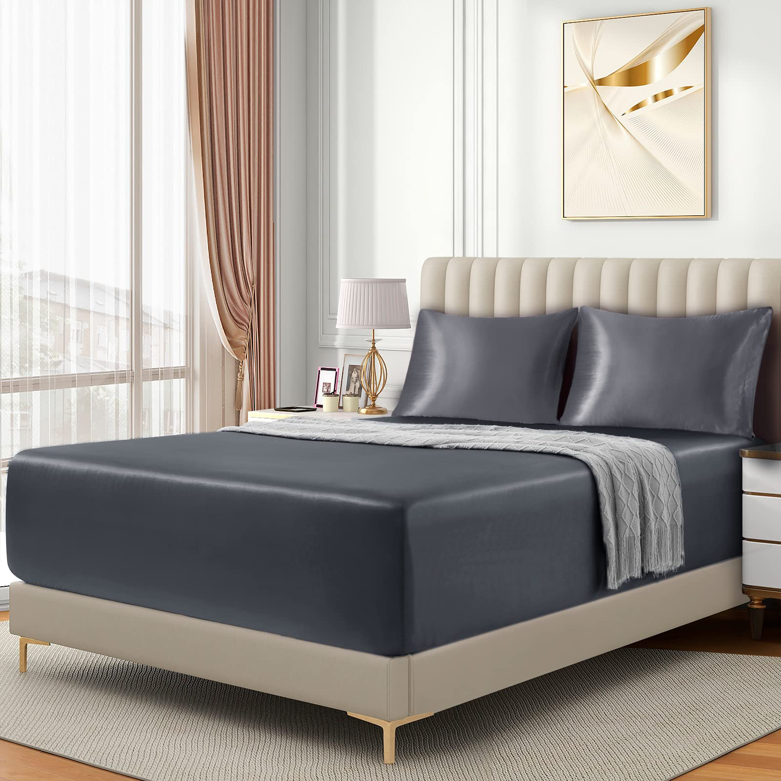 Satin Fitted Sheet Set Hotel 3 Pieces Fitted Sheet with Pillowcase view 2