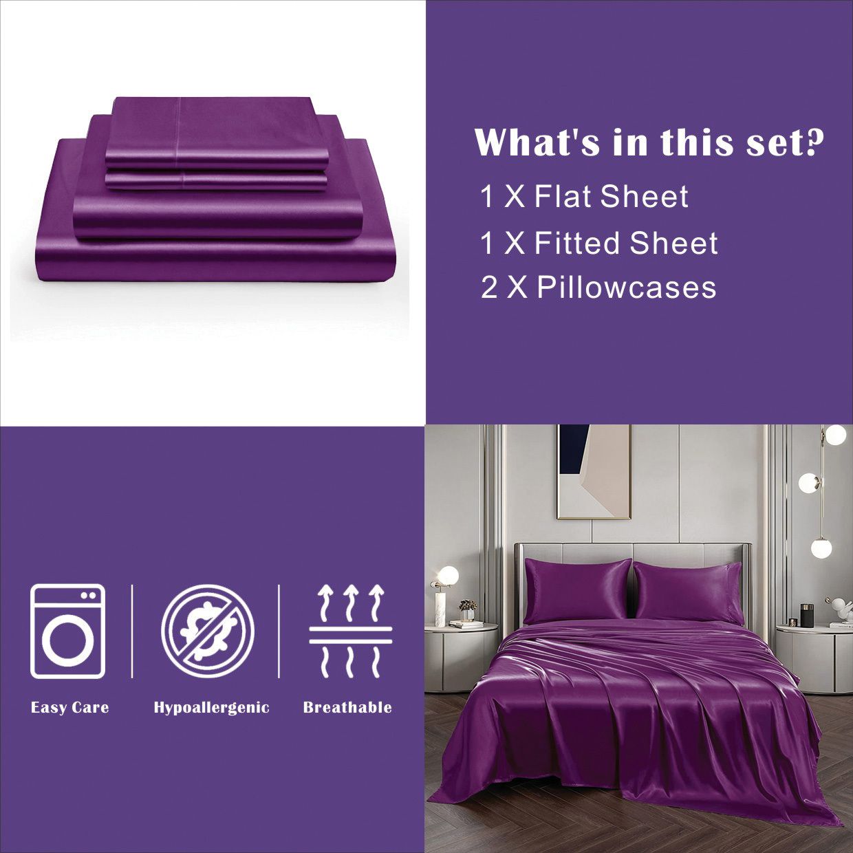 Art Silk Satin Sheet Set Hotel 4 Pieces Fitted/Flat Sheet Bedding Set-Luxury view 5