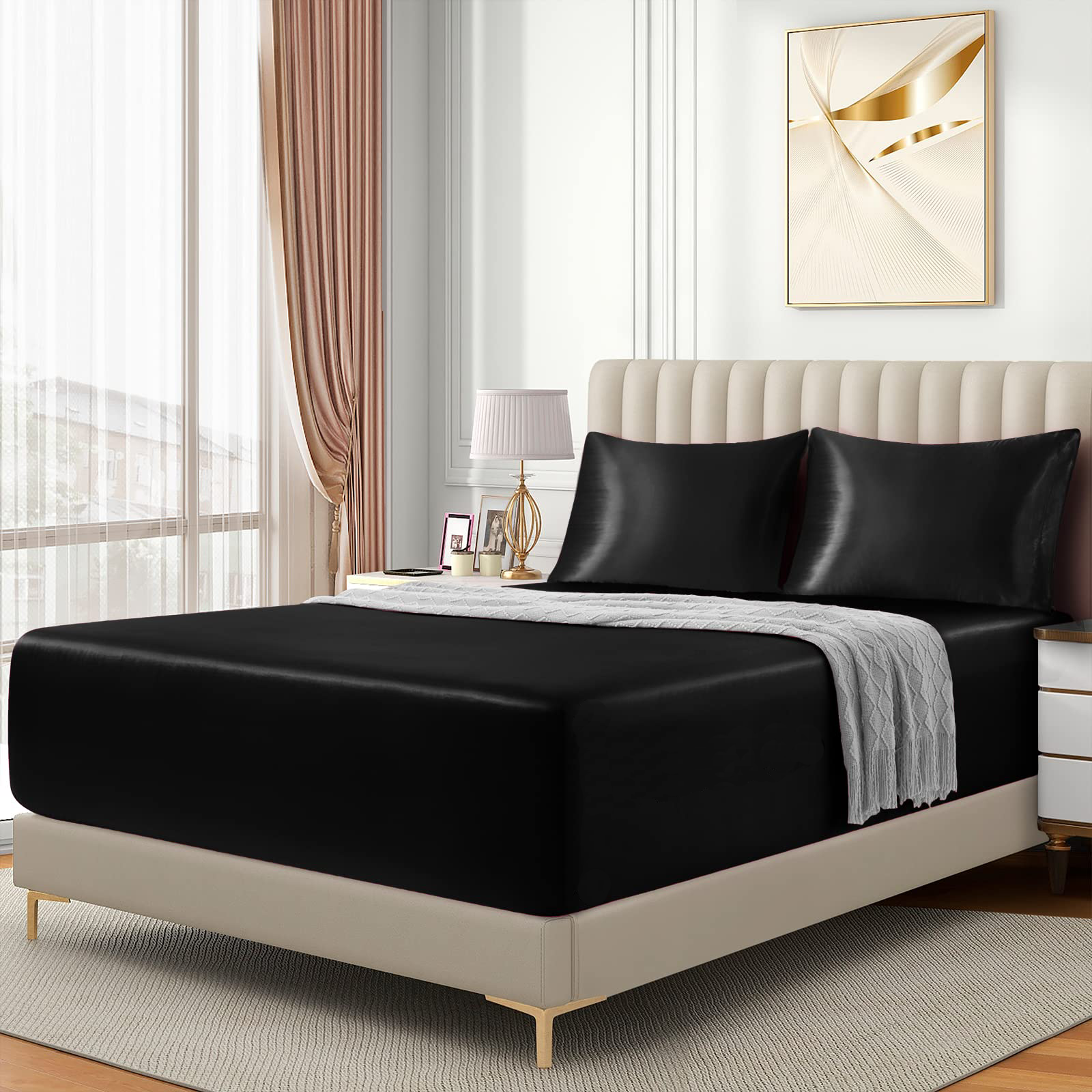 Satin Fitted Sheet Set Hotel 3 Pieces Fitted Sheet with Pillowcase view 2