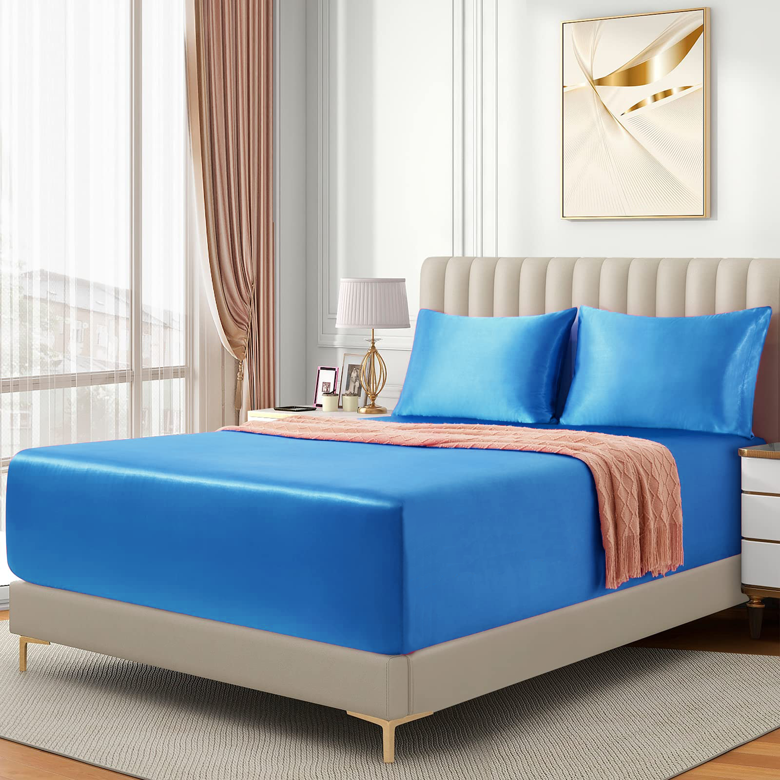 Satin Fitted Sheet Set Hotel 3 Pieces Fitted Sheet with Pillowcase view 2