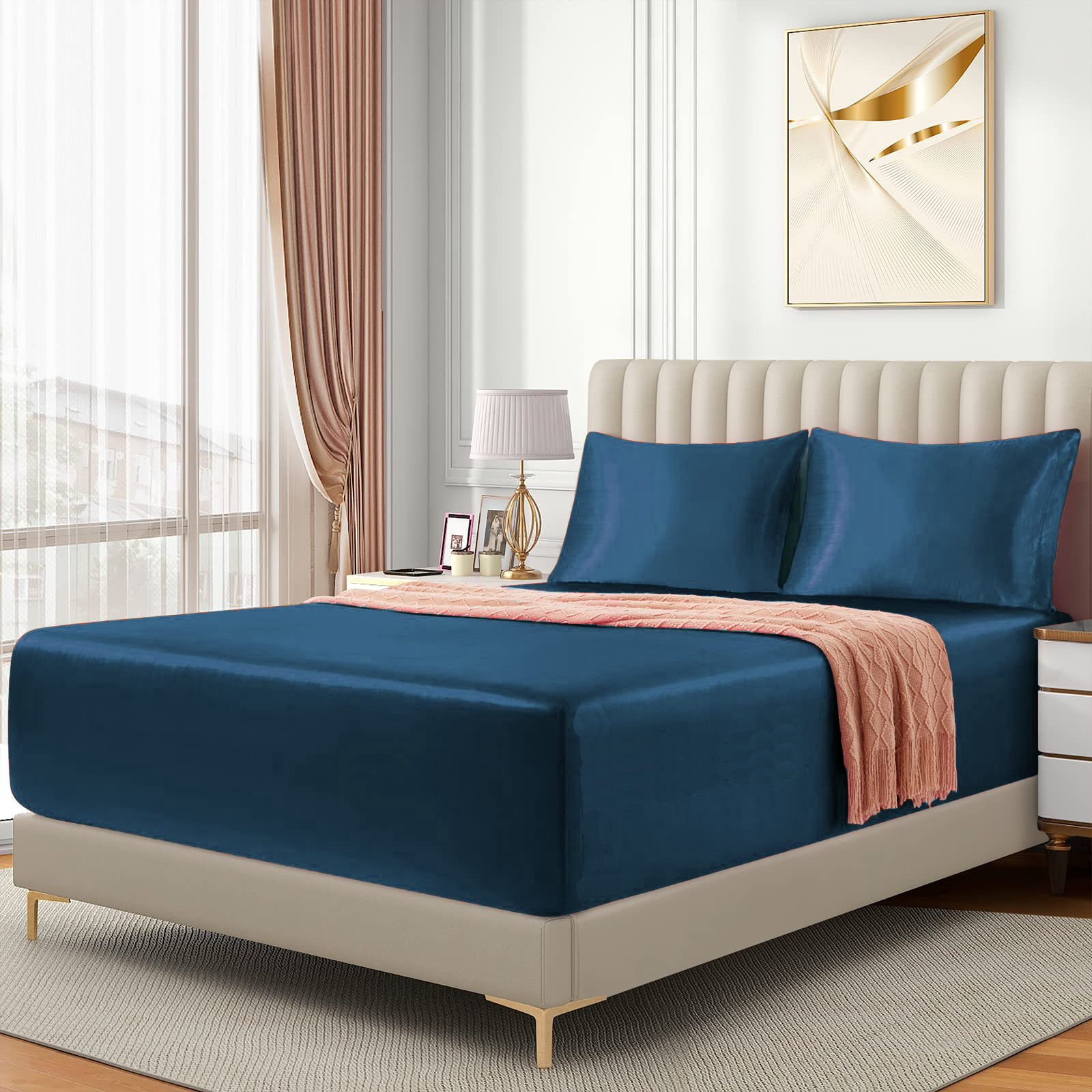 Satin Fitted Sheet Set Hotel 3 Pieces Fitted Sheet with Pillowcase view 2