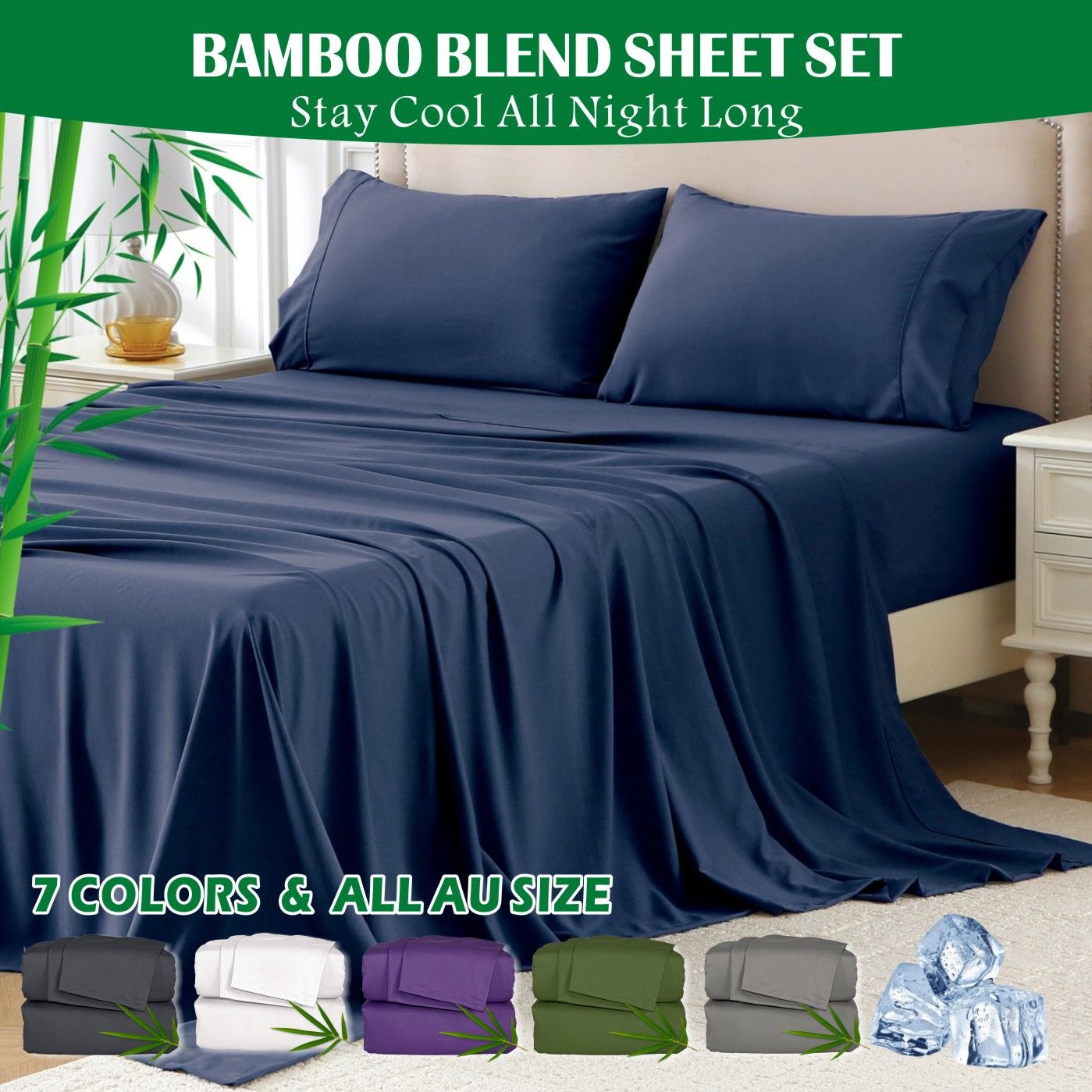 3 Piece Hotel Bamboo Cooling Sheet Set -Ultra Soft 2000TC Breathable Bed