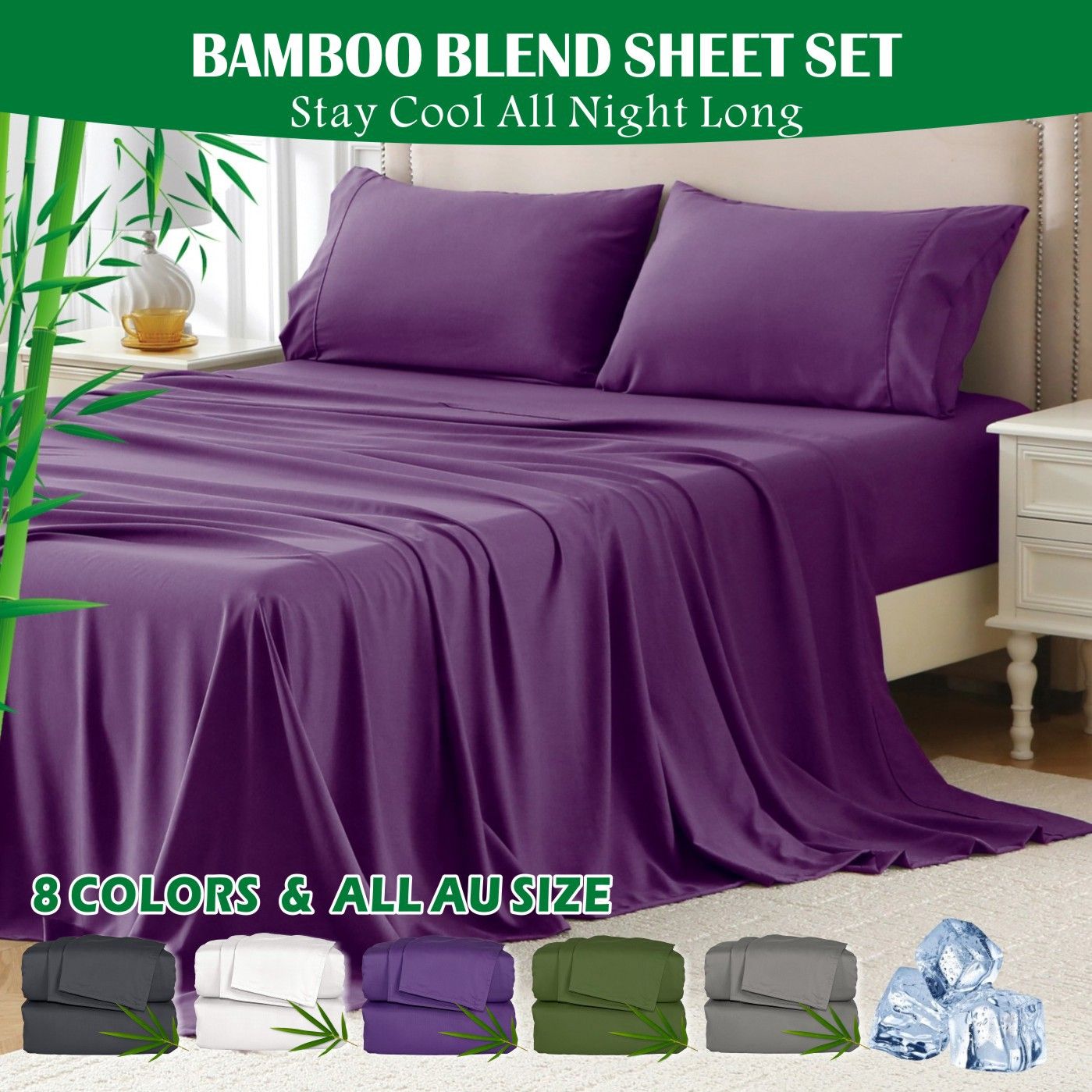 3 Piece Hotel Bamboo Cooling Sheet Set -Ultra Soft 2000TC Breathable Bed