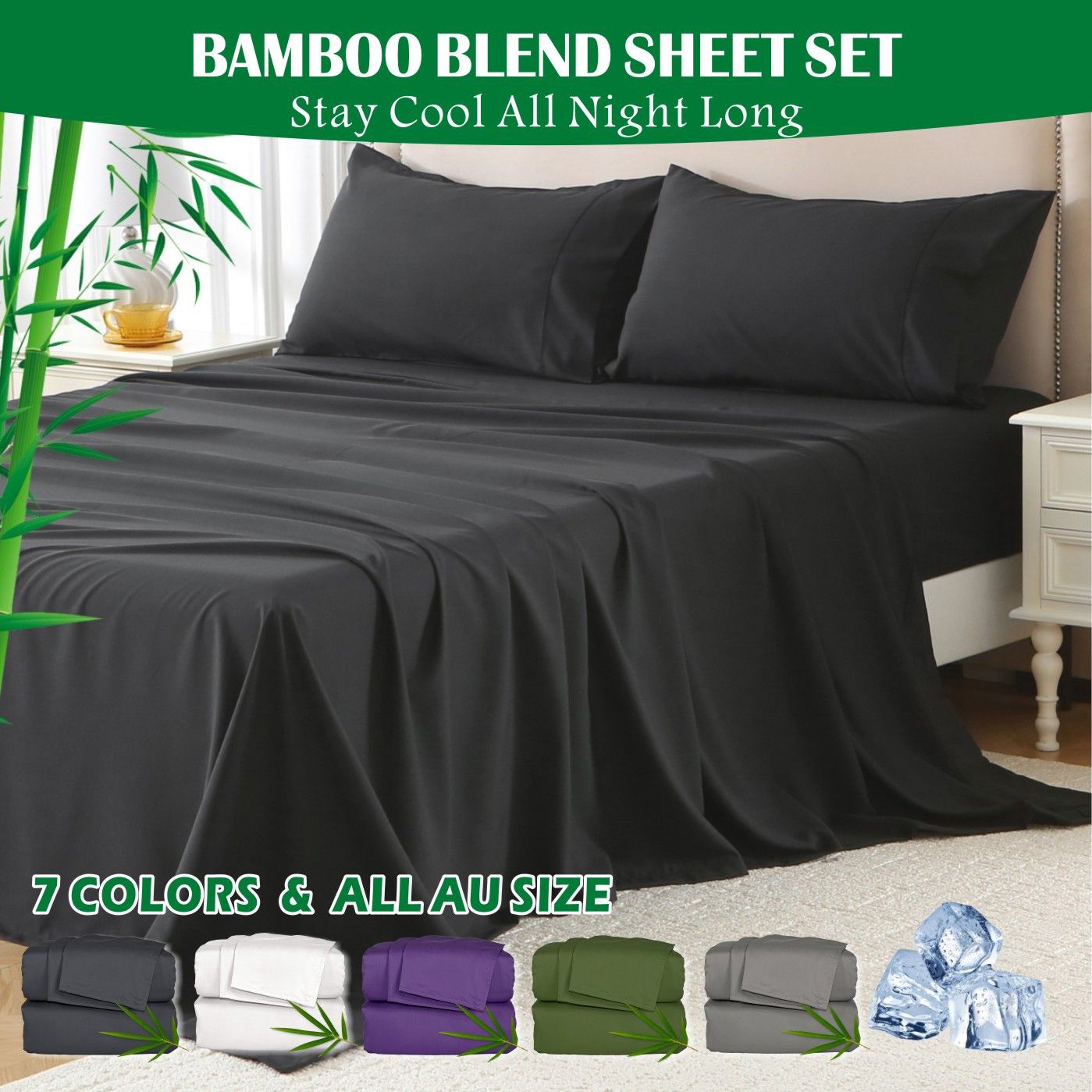 3 Piece Hotel Bamboo Cooling Sheet Set -Ultra Soft 2000TC Breathable Bed