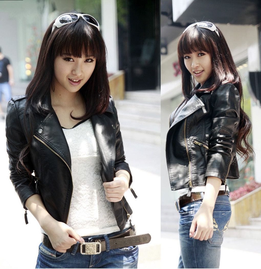 Women PU Leather Jacket Lapel Korean Style Black with cotton M Size: M
