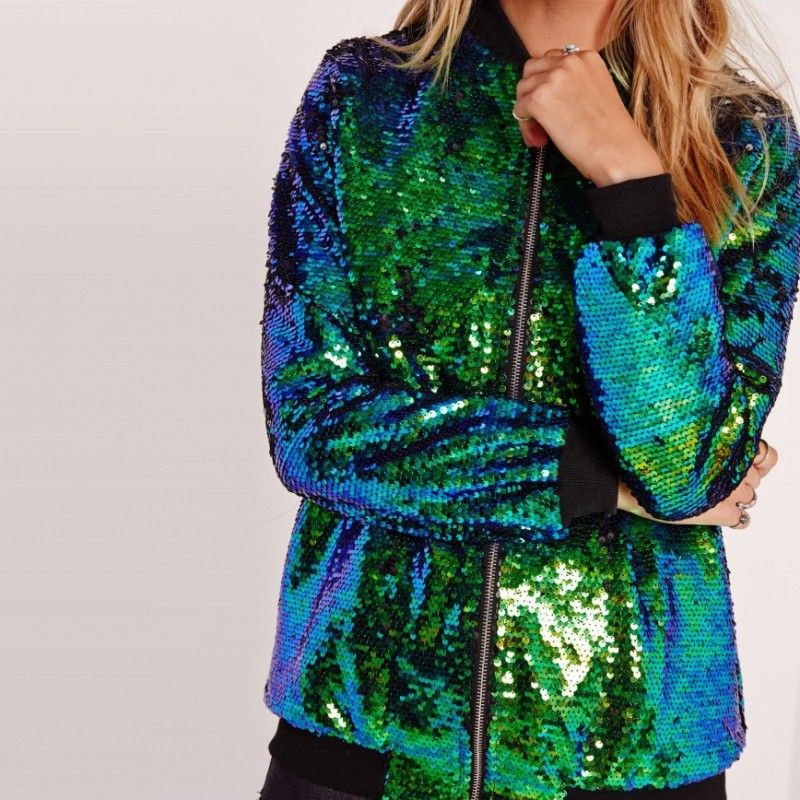 Women Sequin Baseball Jacket HANCY Loose Polyester Peacock Green L European view 4