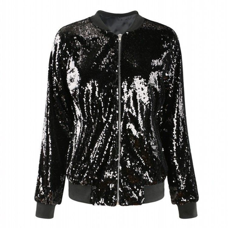 Women Sequin Baseball Jacket HANCY Loose Polyester Black view 5