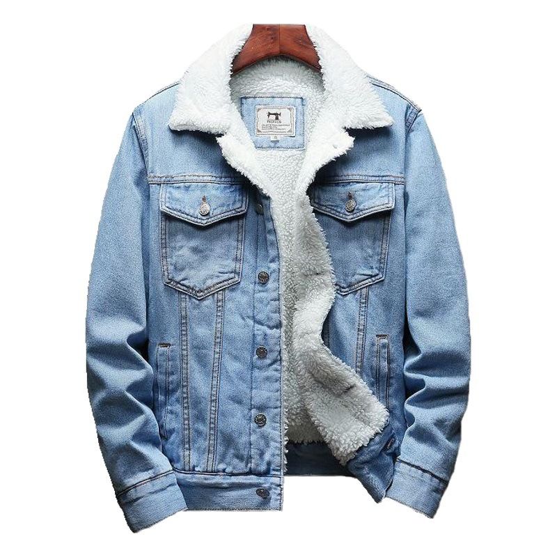 Men Fleece Lined Denim Jacket Korean Style Thick... Light Blue XL Size: XL view 2