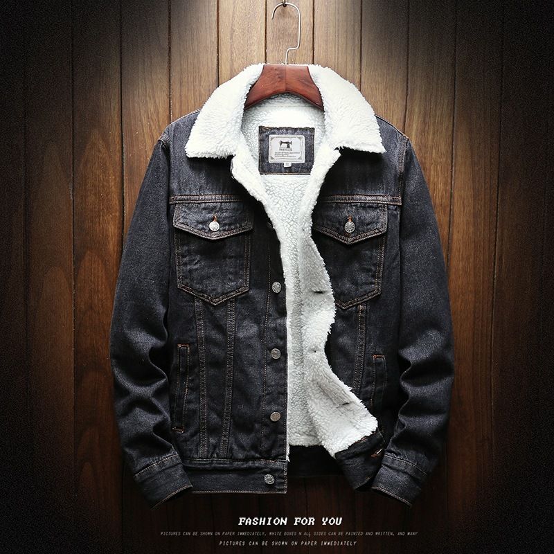 Men Fleece Lined Denim Jacket Korean Style Thick... Light Blue 4XL view 5