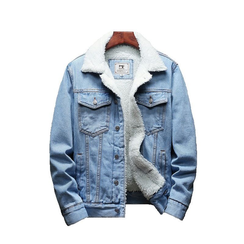 Men Fleece Lined Denim Jacket Korean Style Thick... Light Blue 4XL view 7