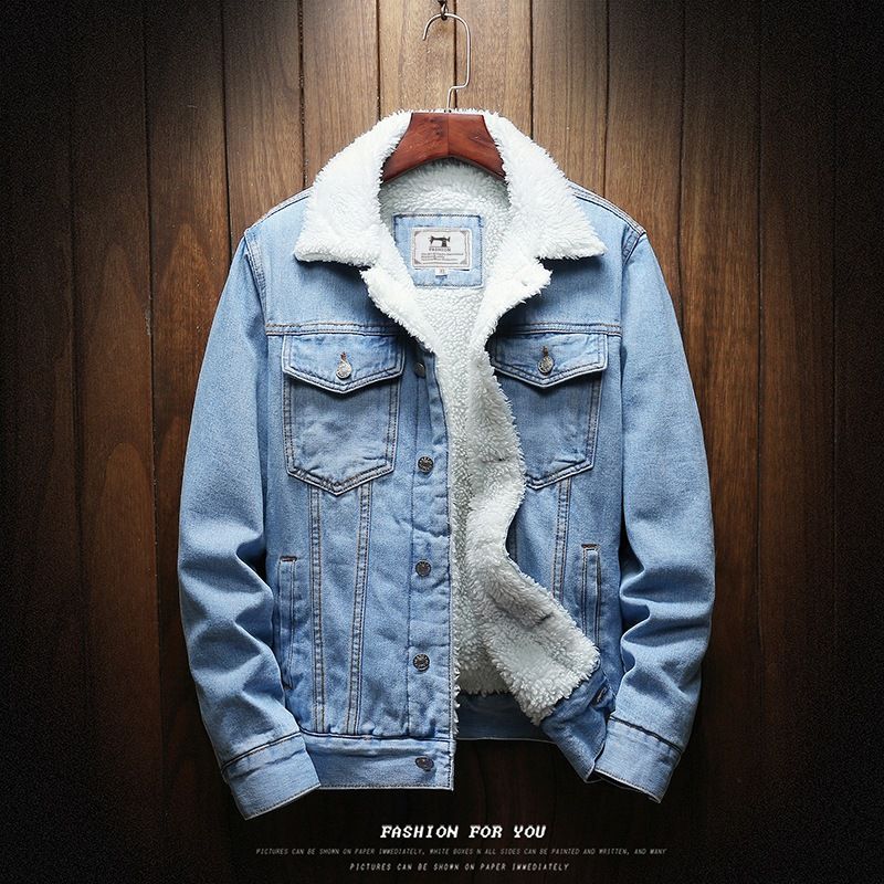 Men Fleece Lined Denim Jacket Korean Style Thick... Light Blue 6XL view 4