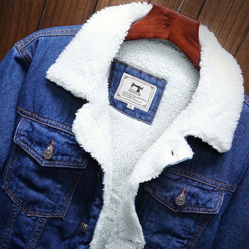 Men Fleece Lined Denim Jacket Korean Style Thick... Light Blue 6XL view 6