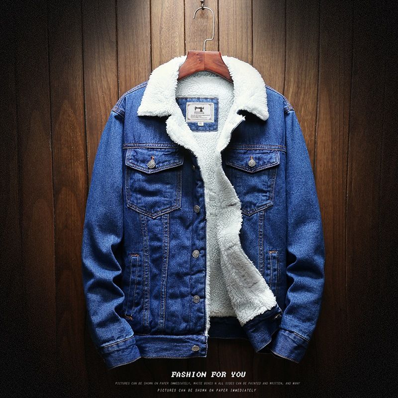 Men Fleece Lined Denim Jacket Korean Style Thick... Dark Blue Size: L