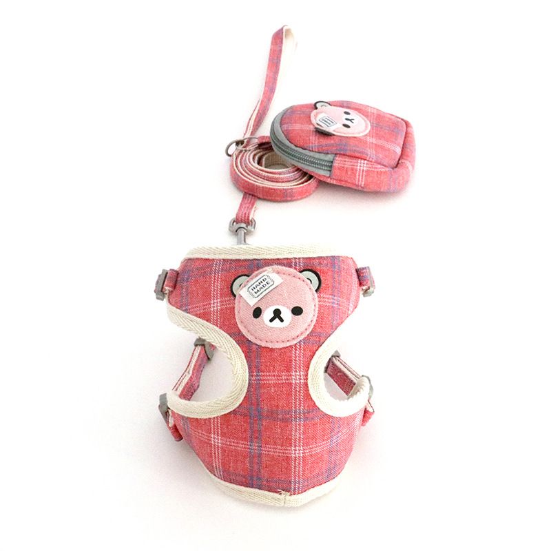 Zichen Dog Chest Strap with Snack Bag Plaid Pink 1.5 lattice cartoon bear net view 4