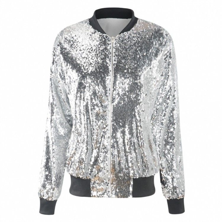Women Sequin Baseball Jacket HANCY Loose Polyester Bright Silver 3XL