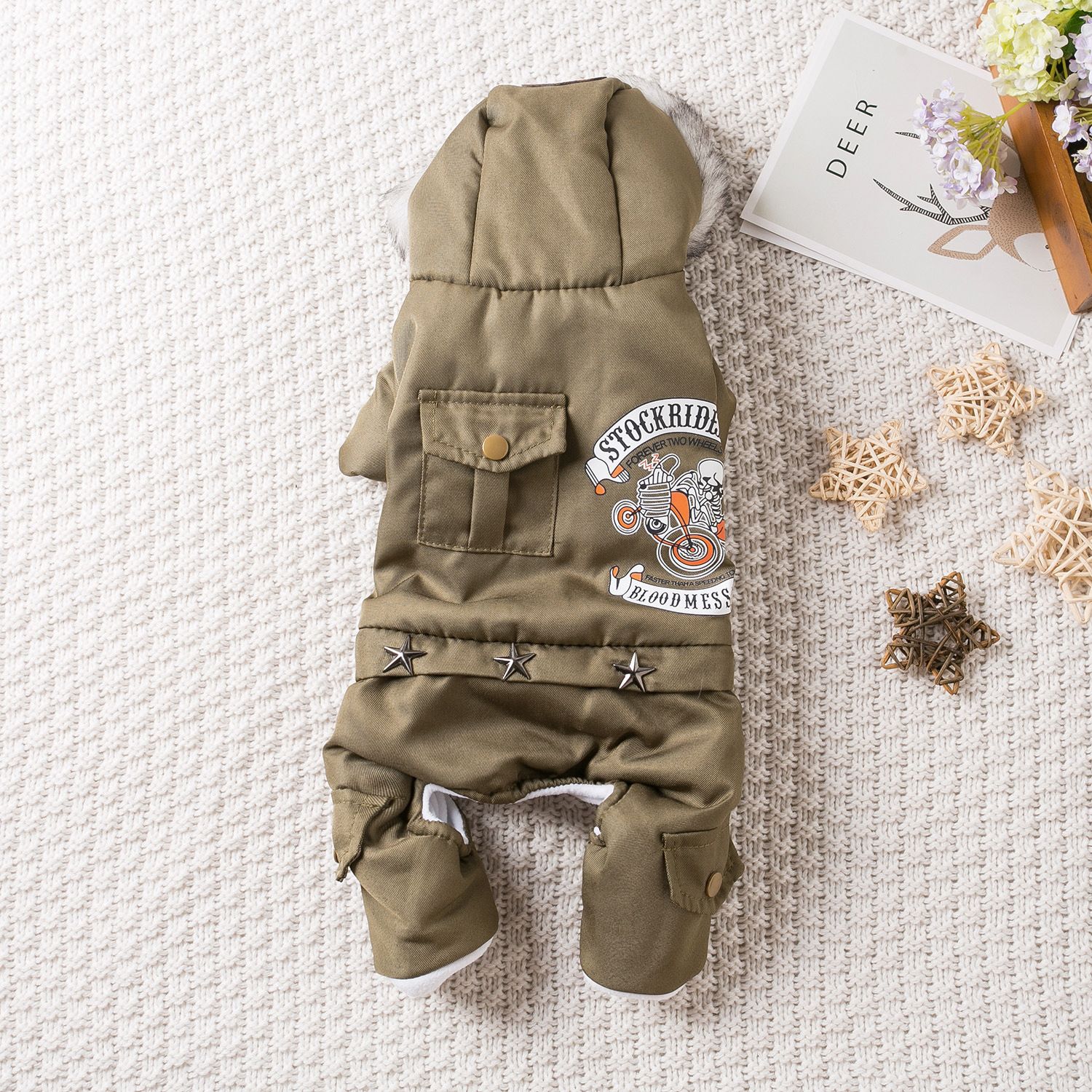 Qi Pet Dog Clothes Thickened Four Legged Warm locomotive hand army green XS