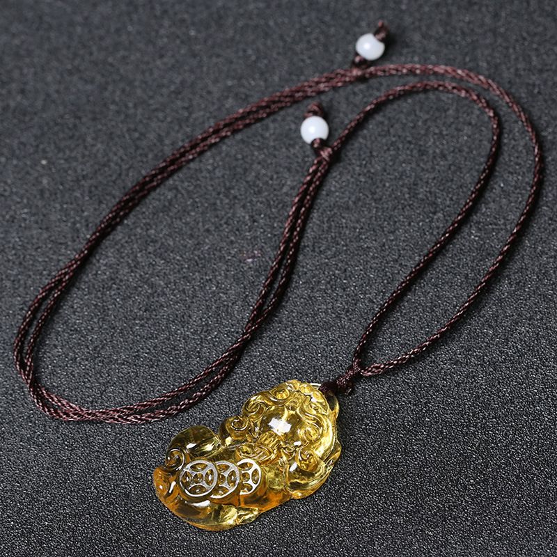 Glass Citrine Pixiu Pendant Necklace Citrine three-money Pixiu pendant (brown
