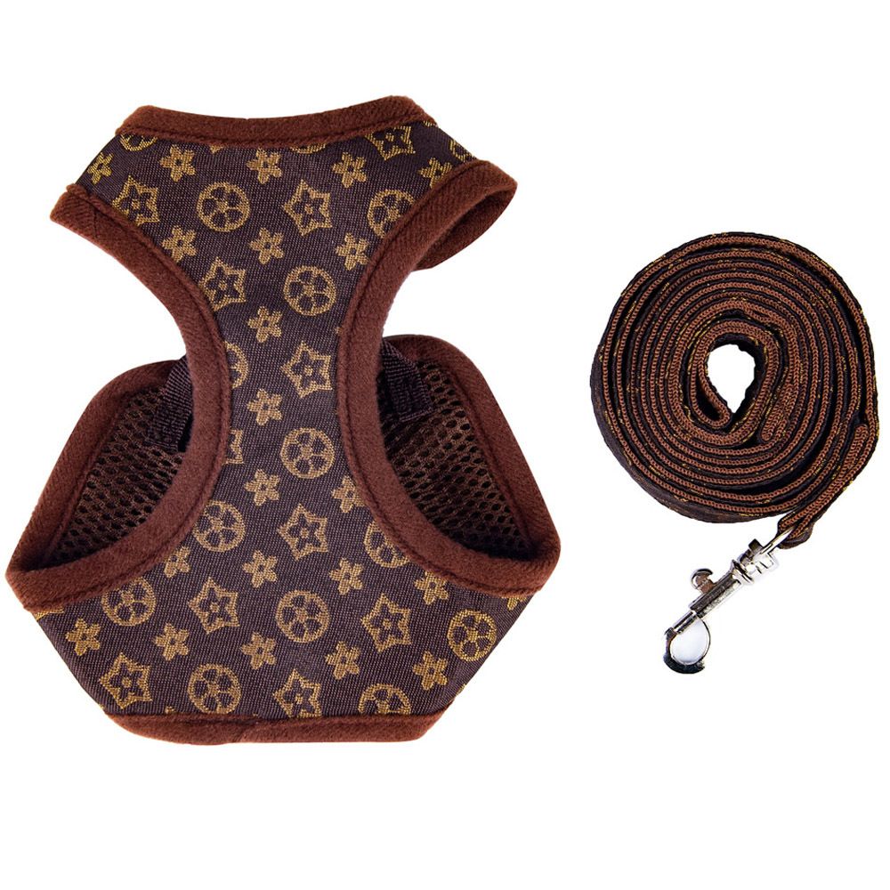 Happy Dog Harness Vest Adjustable Leash Set Polyester Coffee five-leaf flower — image 1