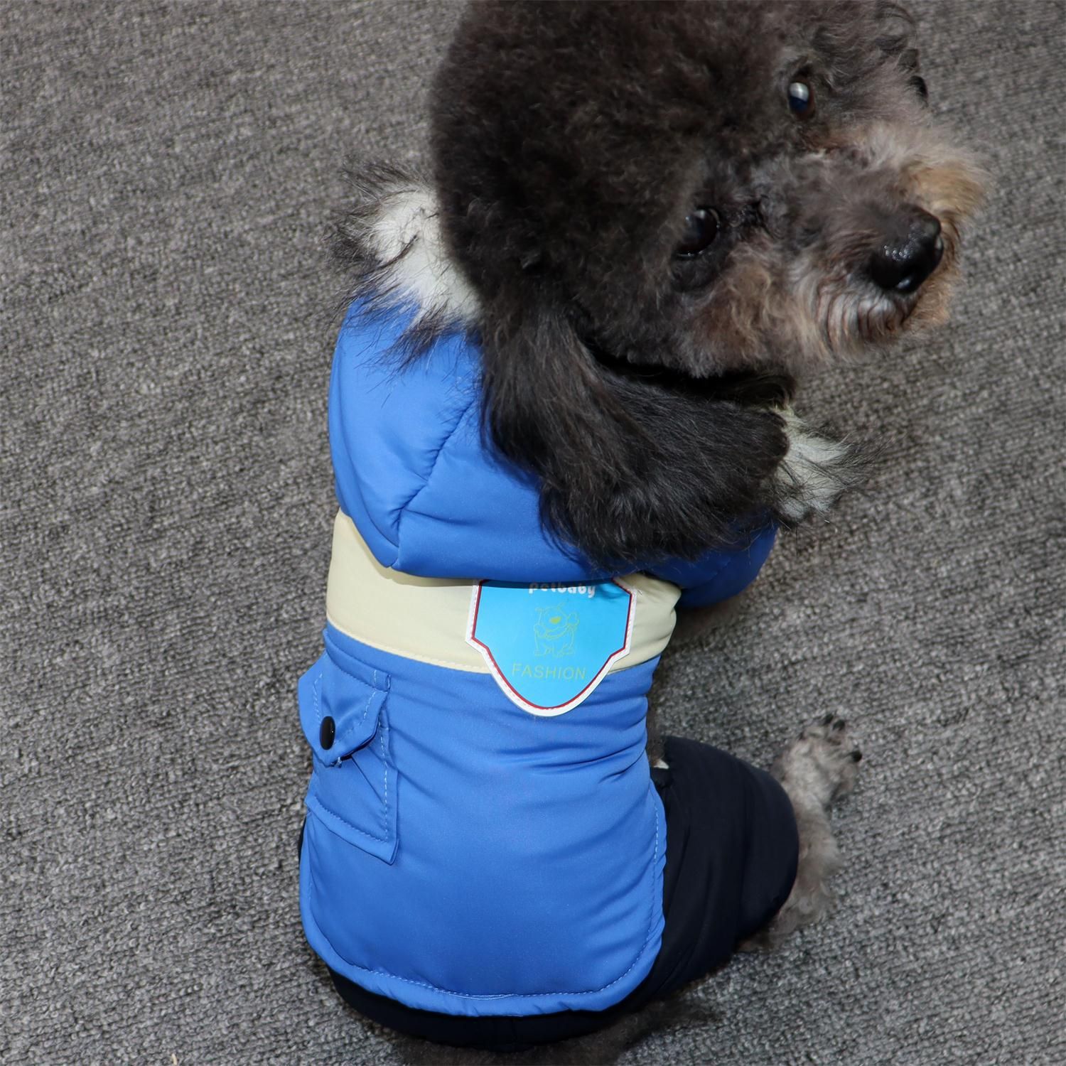 Dog Winter Coat Hooded Thickened Small Breed conjoined jacket blue view 4