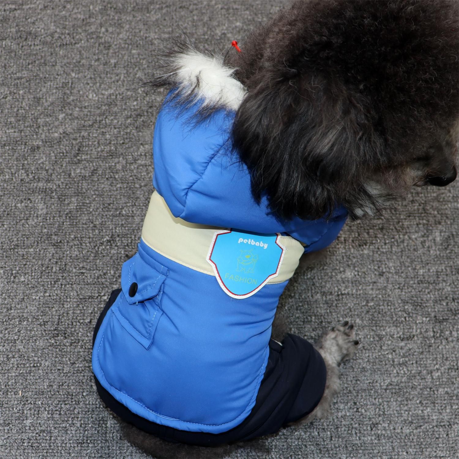 Dog Winter Coat Hooded Thickened Small Breed conjoined jacket blue L view 5