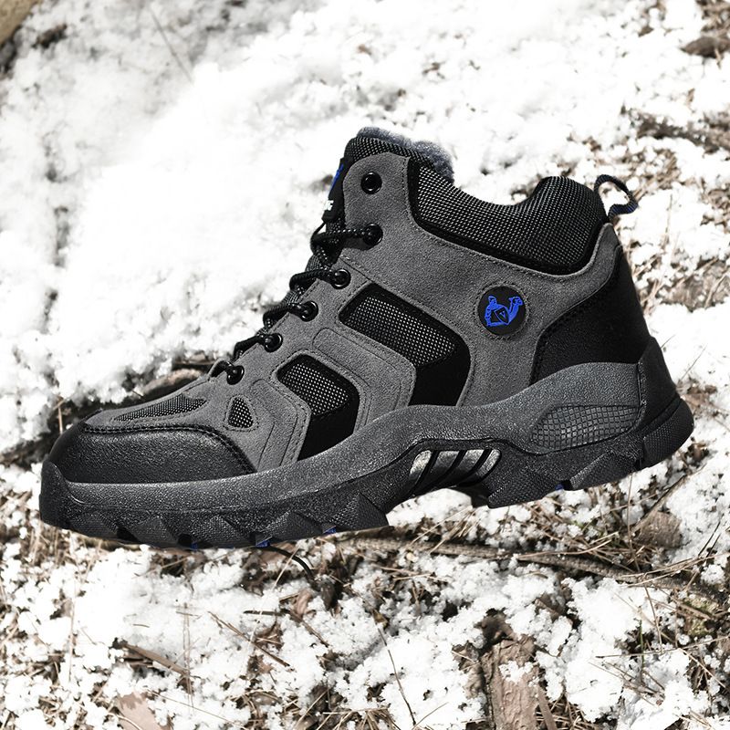 QIFENG Mens High Top Hiking Shoes Anti Slip Rubber Sole Gray Cotton 48